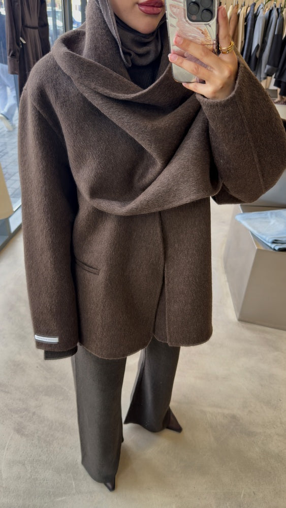 Scarfed Woolen Snap Button Jacket