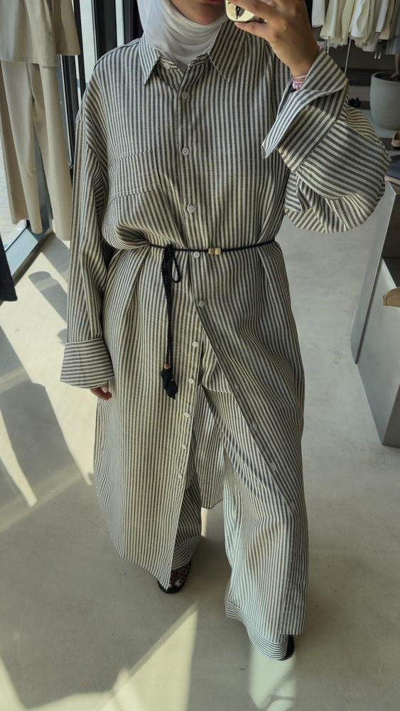 Long Linen  Stripe Shirt Set