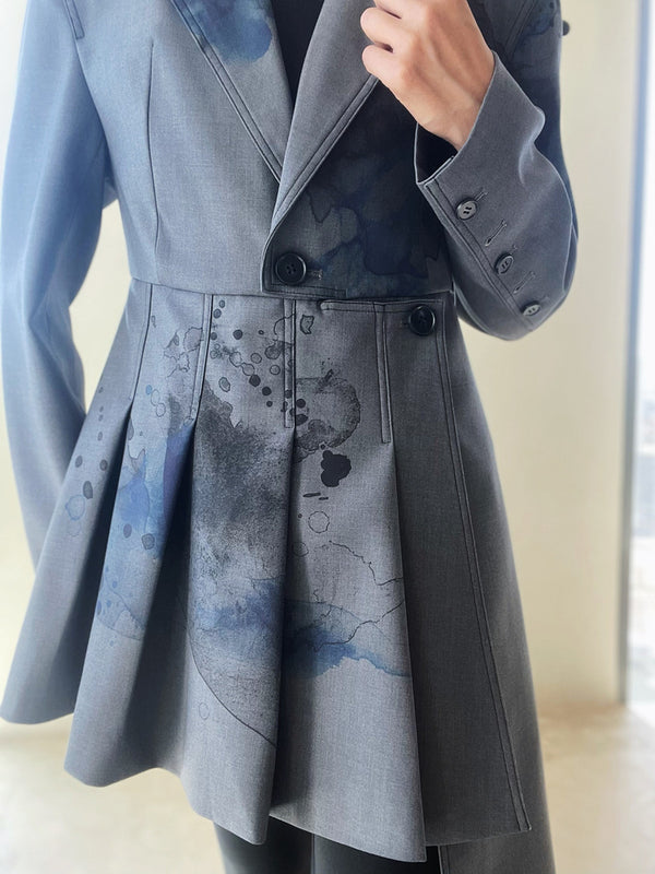 Women Gray Pattern Pleated Asymmetrical Blazer
