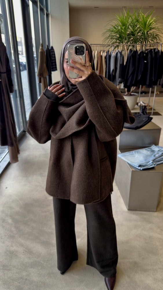 Scarfed Woolen Snap Button Jacket