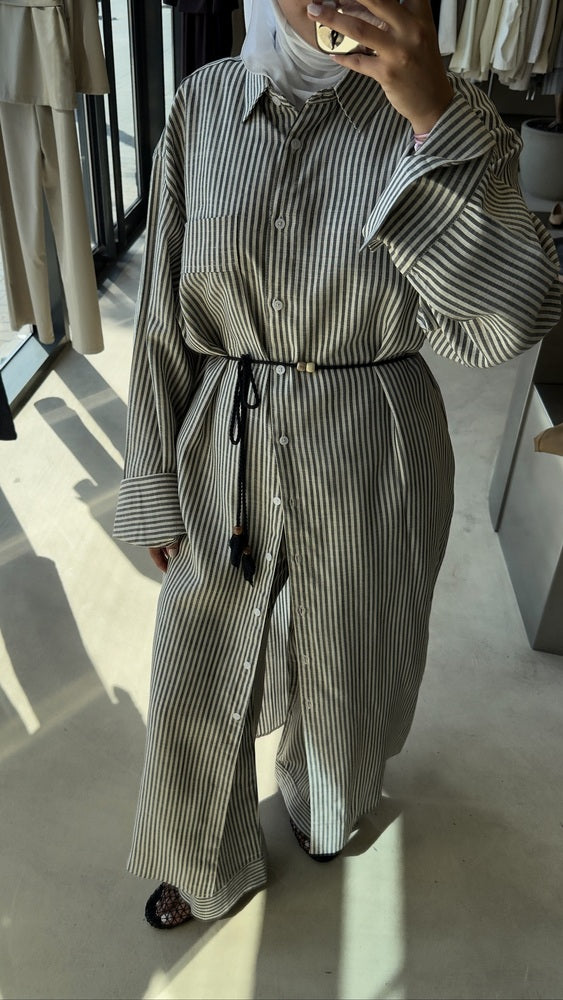 Long Linen  Stripe Shirt Set
