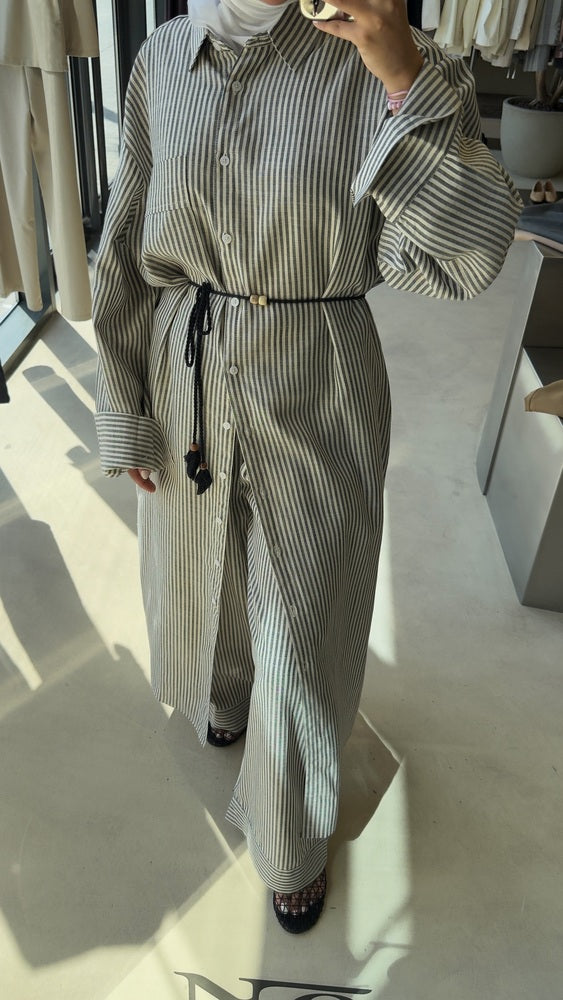 Long Linen  Stripe Shirt Set