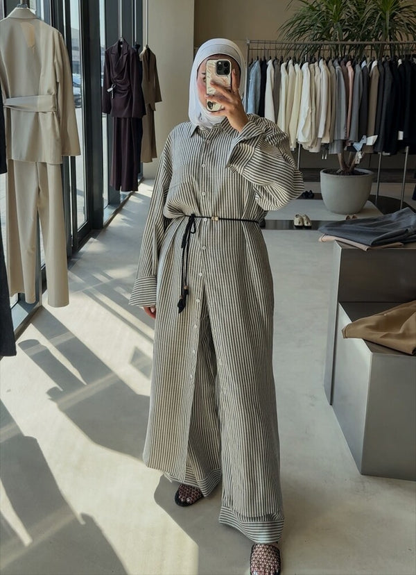 Long Linen  Stripe Shirt Set