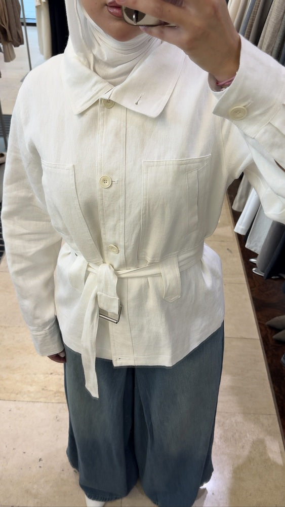 Linen Belted Stand Collar Short Jacket