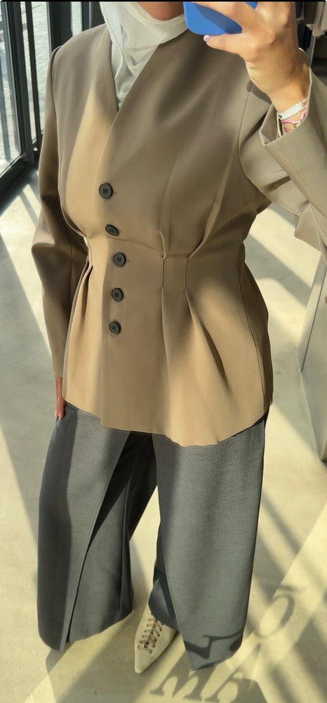 5-Black Button Waist Pleated Blazer