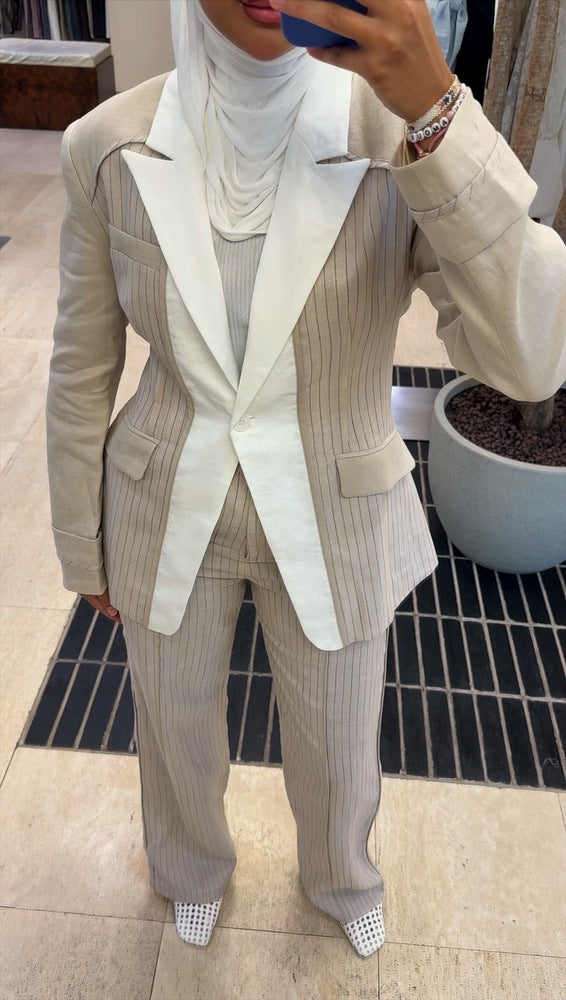 White Peak Lapel Linen Set