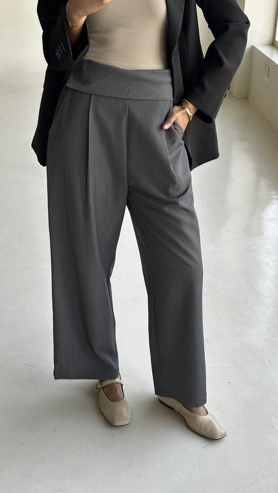 High Waist Gray Pleated Long Wide Leg Casual Trousers بنطال