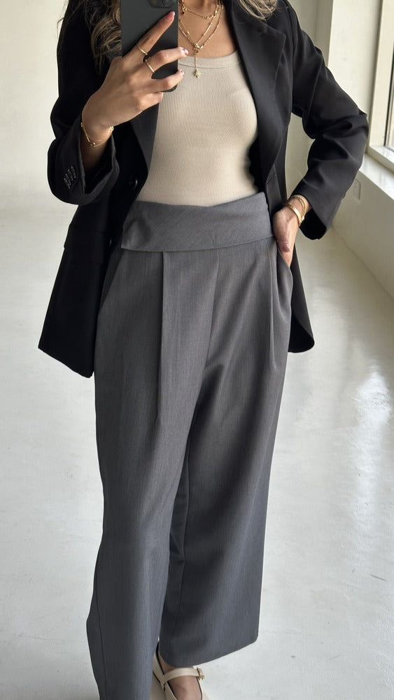 High Waist Gray Pleated Long Wide Leg Casual Trousers بنطال