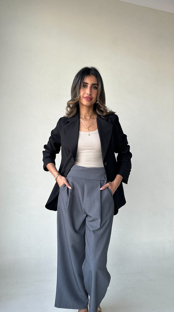 High Waist Gray Pleated Long Wide Leg Casual Trousers بنطال