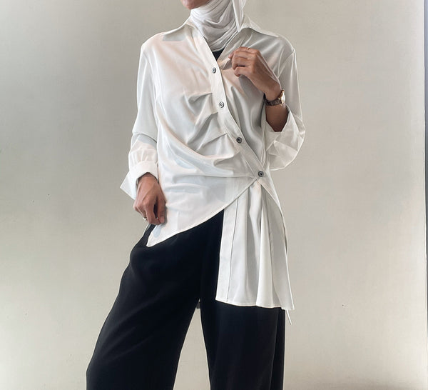Long Sleeve Asymmetric Fold White Blouse