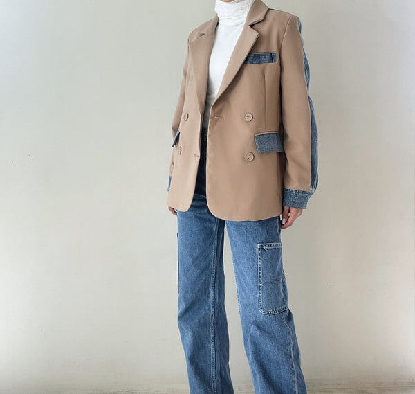 Straight Blazer For Women Notched Collar Long Sleeve Patchwork Denim Jacket