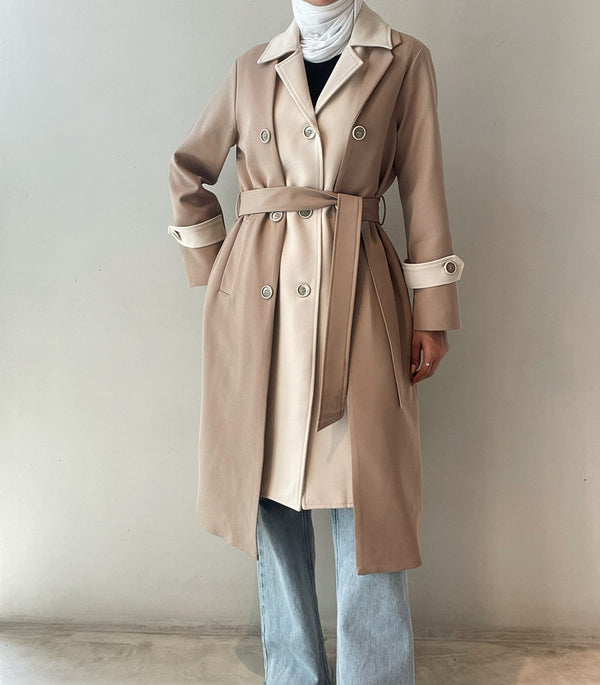 Spliced Korean Women Trench Coat Color Block معطف