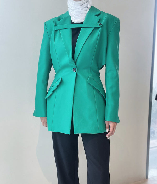 Women Green waist hollow out shaped big size blazer