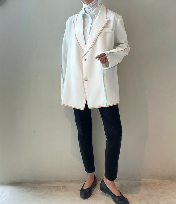 Women White Topstitched Big Size Blazer Colored Lines