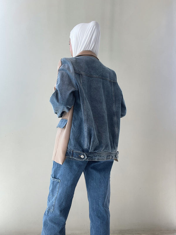 Straight Blazer Patchwork Denim Jacket بليزر