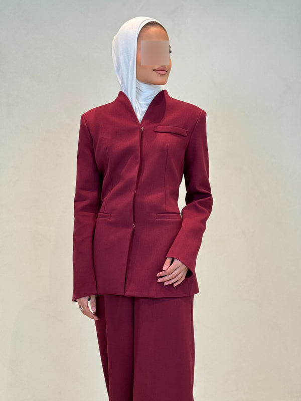 Maroon Stand Collar Spliced 2PC SetX