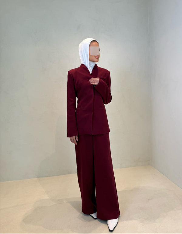 Maroon Stand Collar Spliced 2PC SetX
