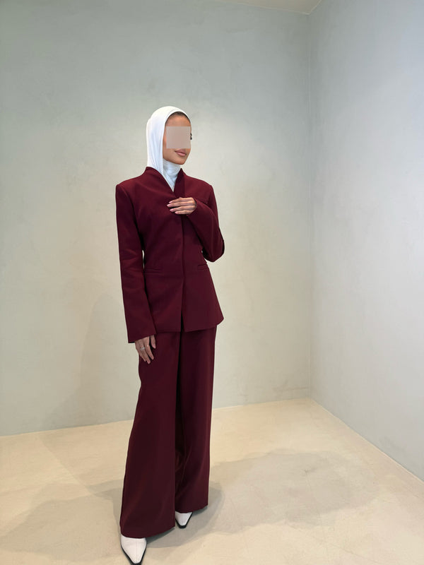 Maroon Stand Collar Spliced 2PC SetX