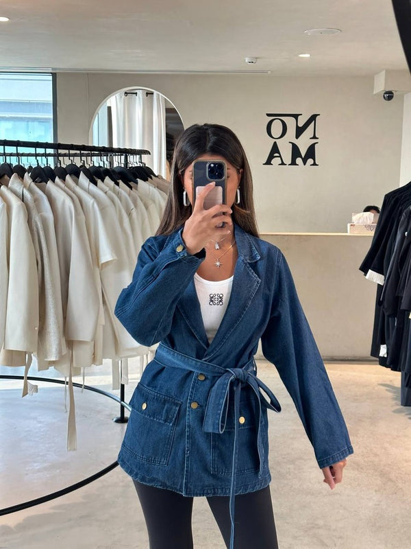 Loose Fit Blue Bandage Denim Casual Jacket معطف