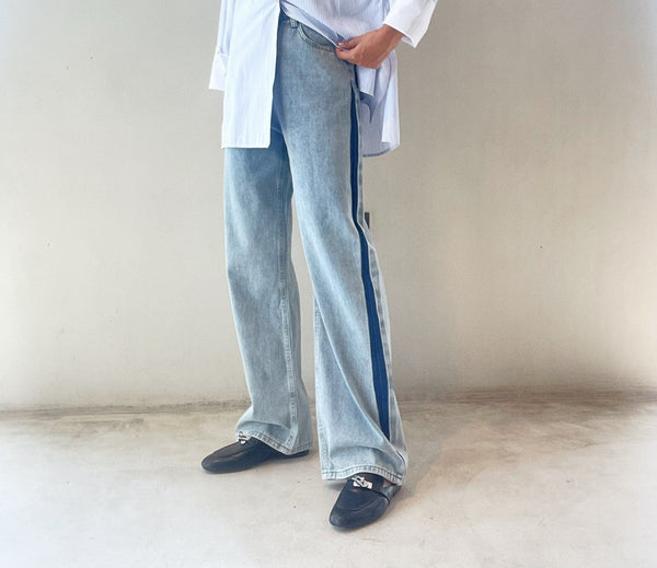 High Waist Blue Color-block Denim Long Wide Leg Jeans